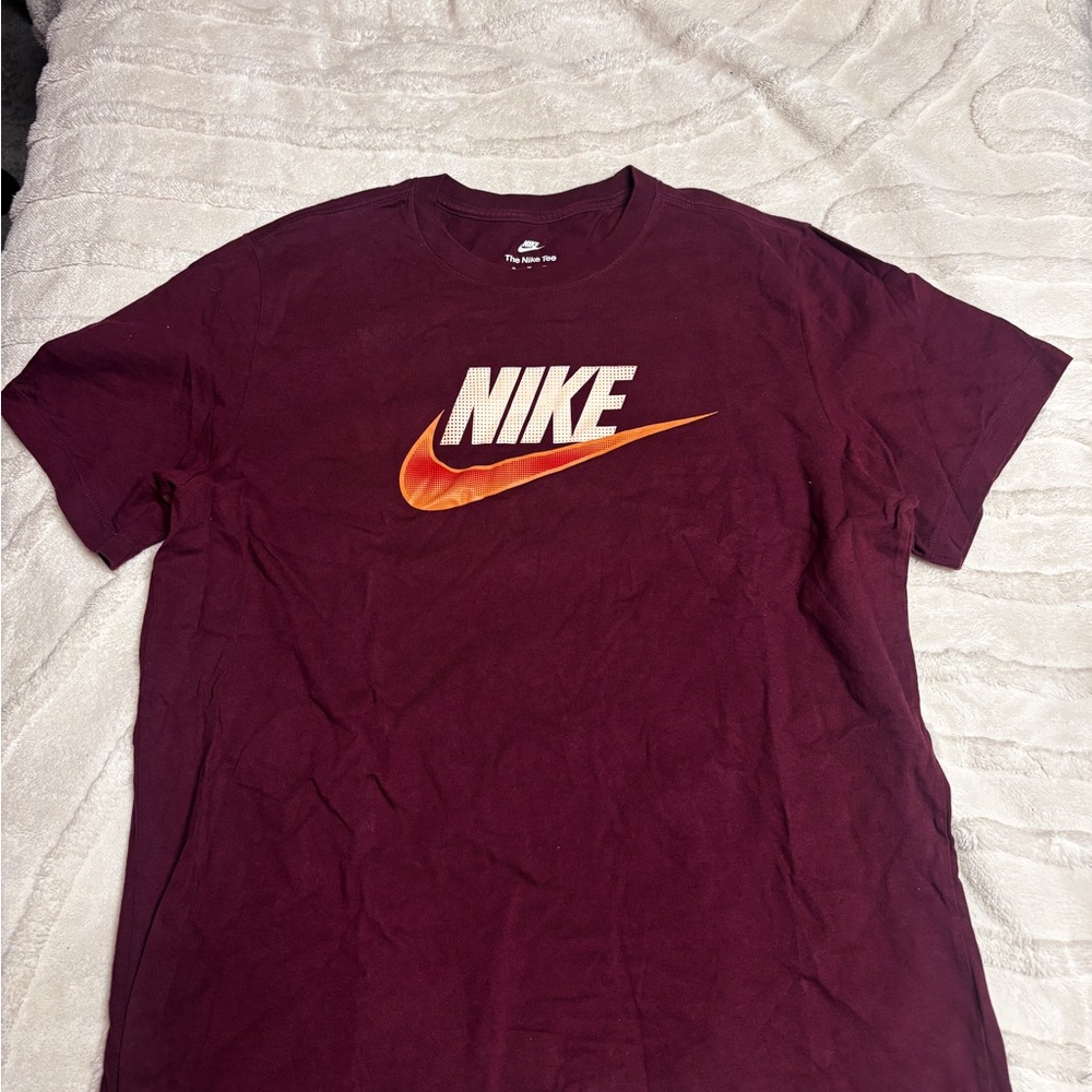 Nike Men's Burgundy Short Sleeve Tee with Orange Swoosh
